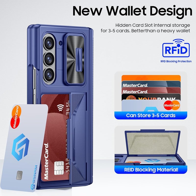 BSNRM for Samsung Galaxy Z Fold 6 Case with Card Holder RFID Blocking & Slide Camera Cover& Hinge Protection& Full-Body Rugged Shockproof Wallet Case for Galaxy Z fold 6, Sapphire Blue - Image 3